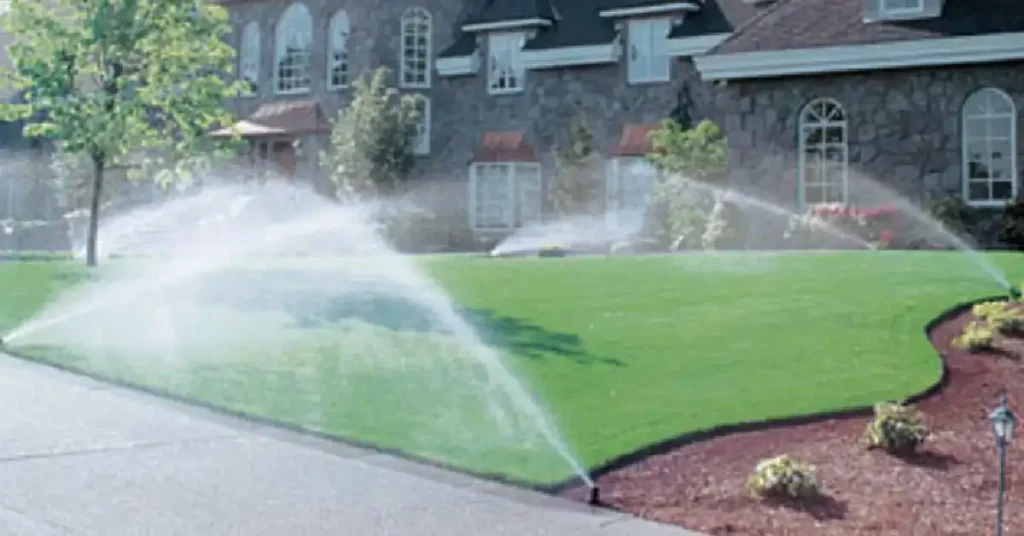 Sprinklers watering a lawn in front of a Northville-area home.