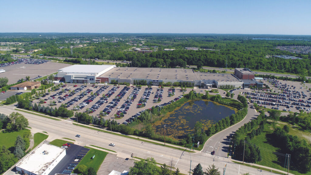 Aerial view of Vibe Credit Union Showplace in Novi