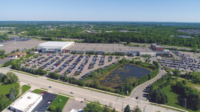Aerial view of Vibe Credit Union Showplace in Novi