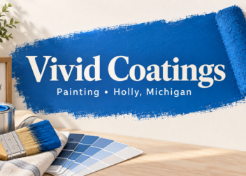 Illustration of a paint roller and painting supplies for Vivid Coatings in Holly, Michigan