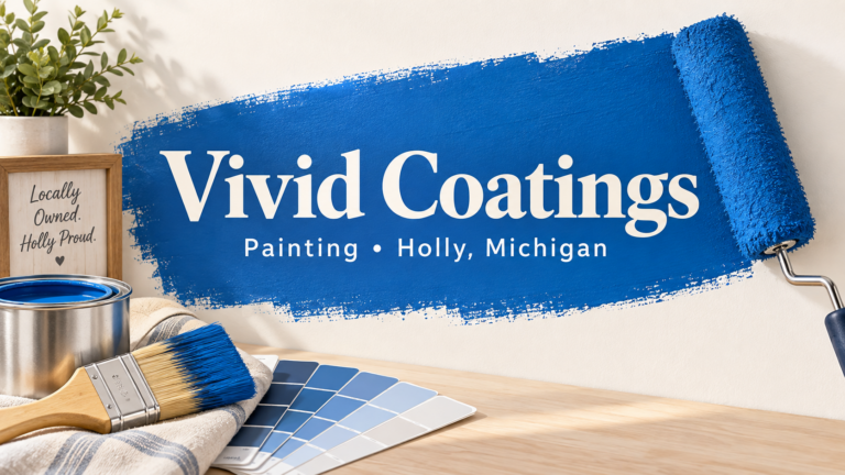 Illustration of a paint roller and painting supplies for Vivid Coatings in Holly, Michigan
